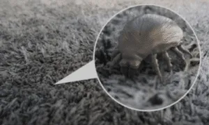 un acaro della polvere su un tappeto visto dalla lente di ingrandimento