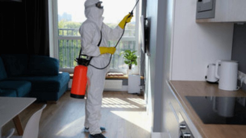 operatore con dispositivi di sicurezza provvede alla sanificazione di un ambiente casalingo