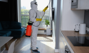 operatore con dispositivi di sicurezza provvede alla sanificazione di un ambiente casalingo